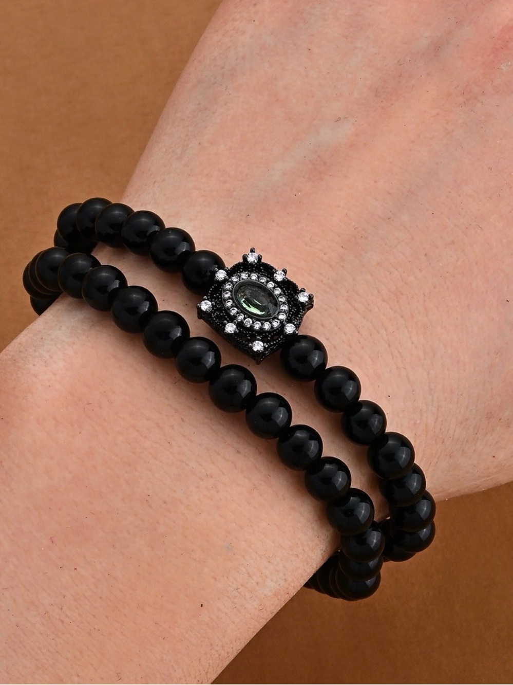 Black Agate Beaded Double-Strand Bracelet with Crystal Accents